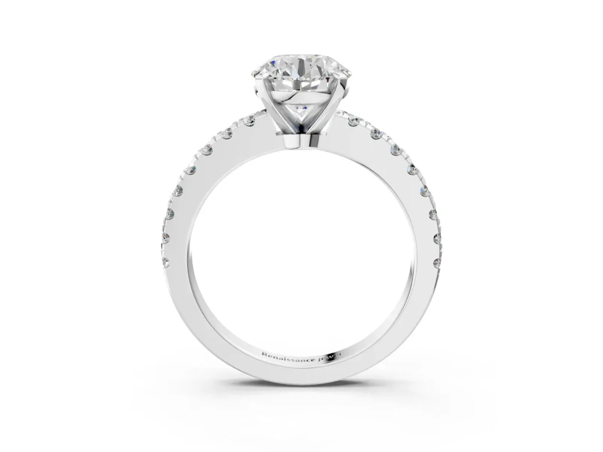 Round Cut Solitaire Diamond with Pavé Band and Four-Prong Setting Platinum