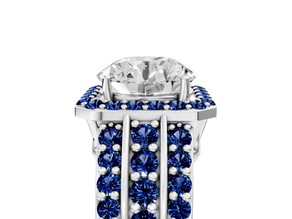Round Cut Halo Diamond Ring with Round Blue Sapphire Split Shank and Prong Setting Silver