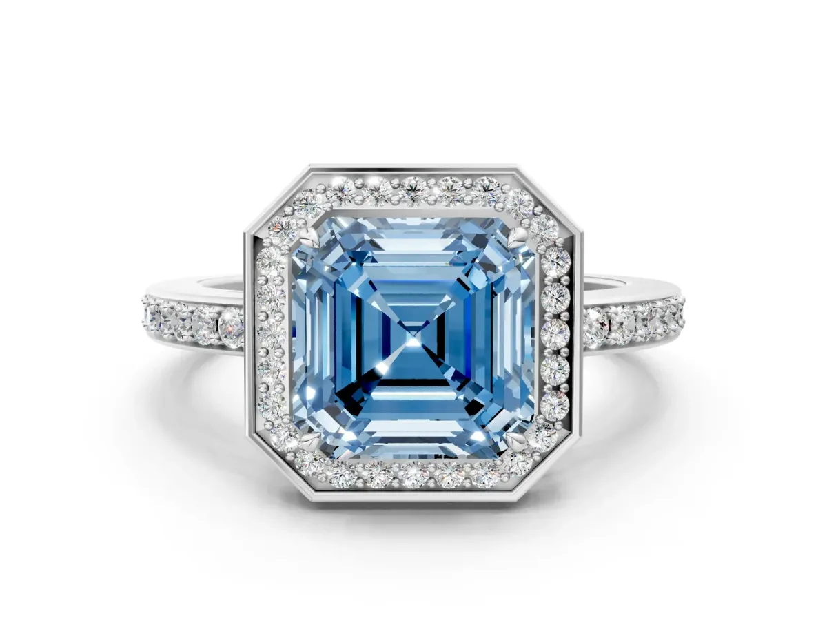 Fancy Blue Asscher Cut Halo Pave Band Solitaire Ring with Prong Setting Platinum