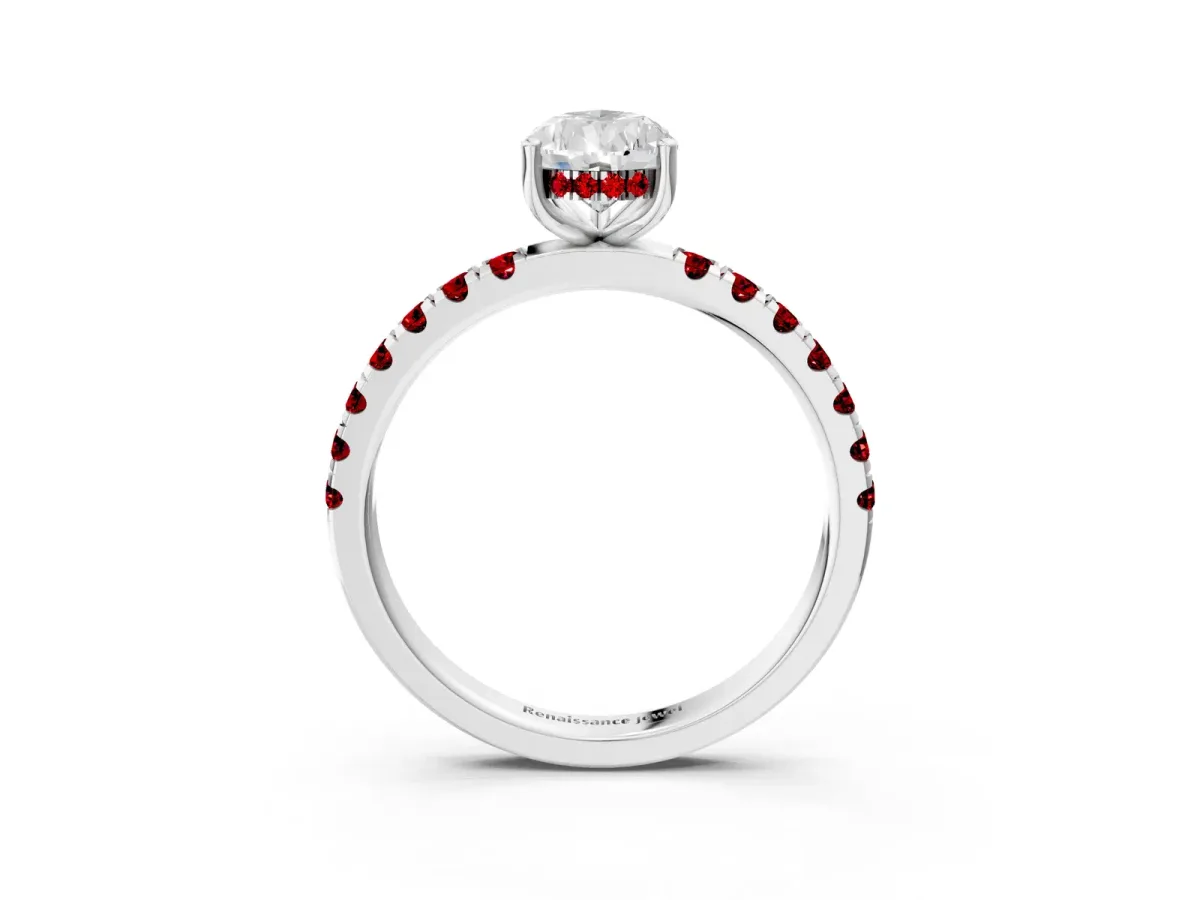 Pear Cut Diamond Pave Band Solitaire Ring with Round Ruby and Prong Setting Platinum