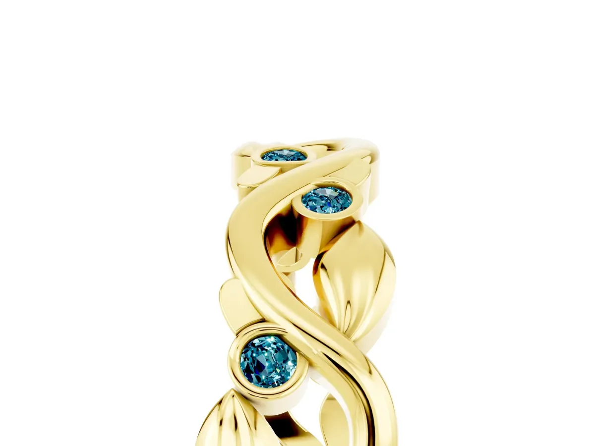 Round Blue Topaz Leaf Eternity Band with Bezel Setting Yellow gold