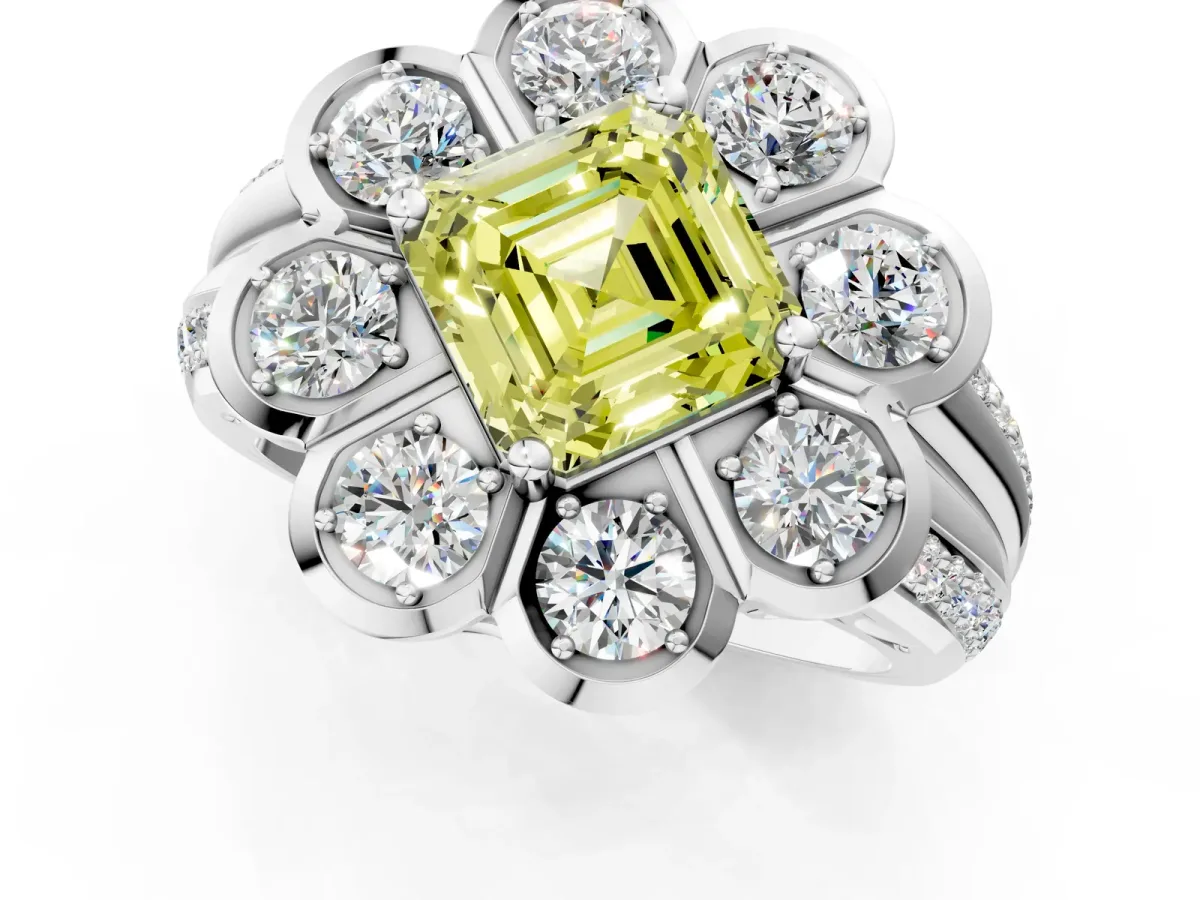 Fancy Yellow Asscher Cut Brilliant Flower Halo Diamond Split Shank Ring Platinum