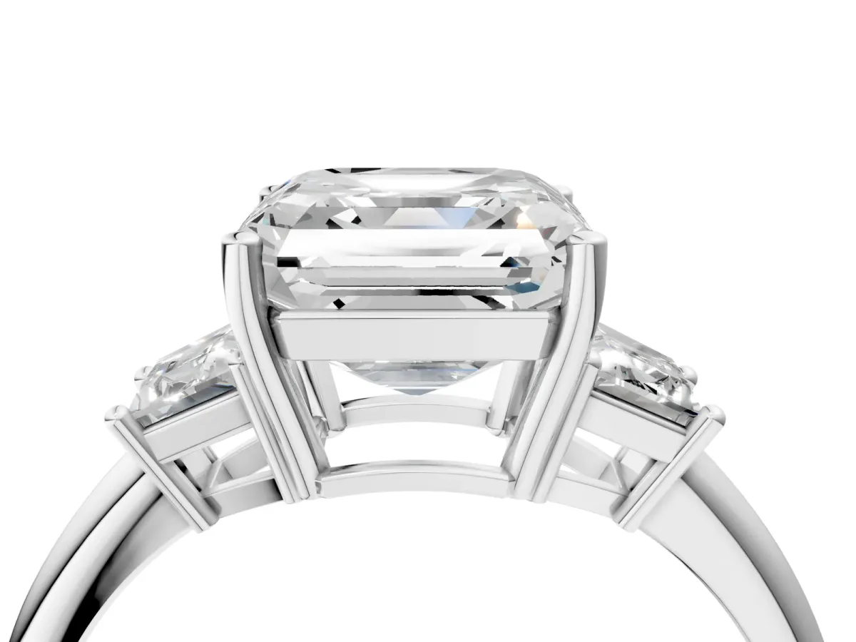 Asscher Cut Diamond Three-Stone Ring with Trapezoid Side Stones and Prong Setting Silver