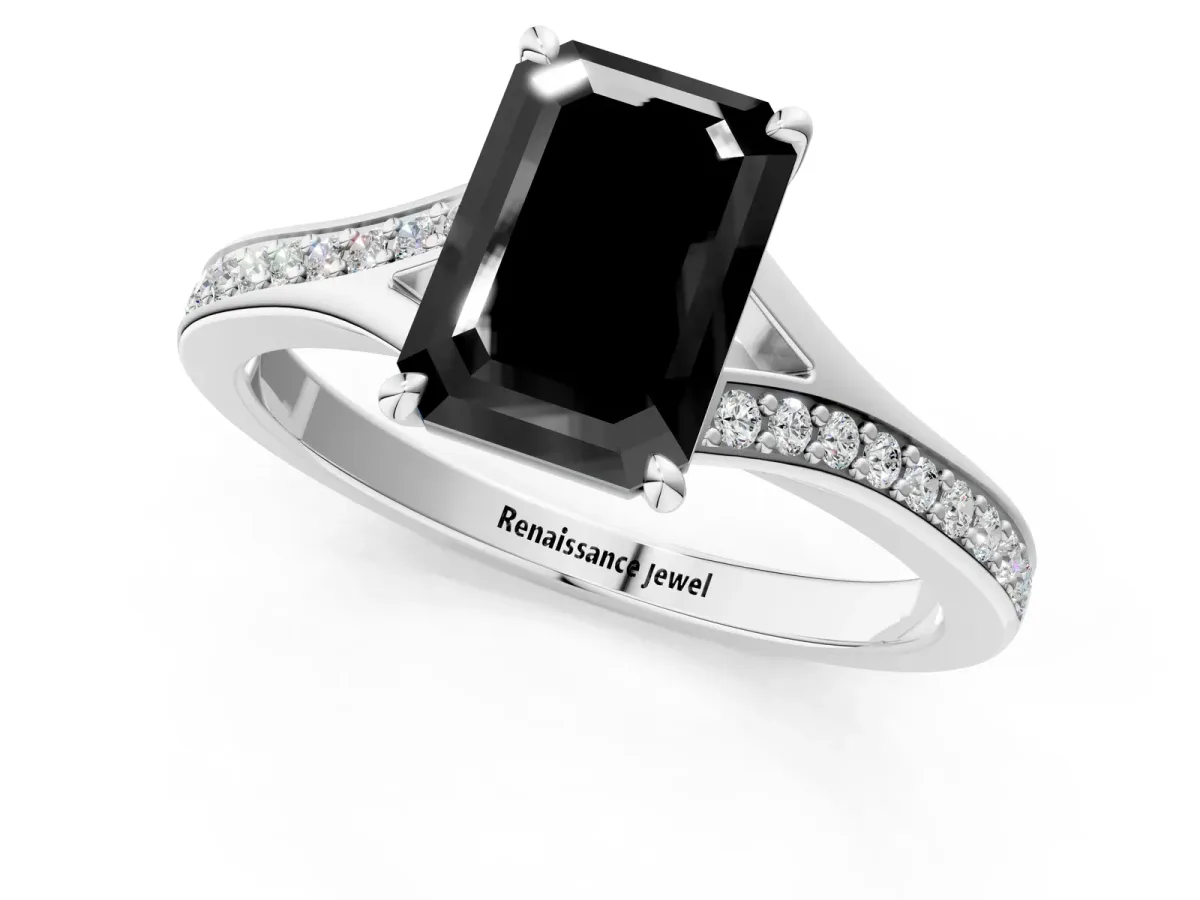 Fancy Black Emerald Cut Diamond Solitaire Ring with Pavé Band and Prong Setting Silver
