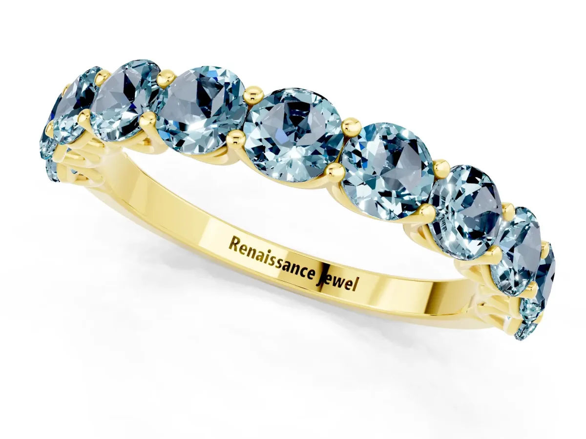 Round Aquamarine Shared Prong Eternity Band Yellow gold