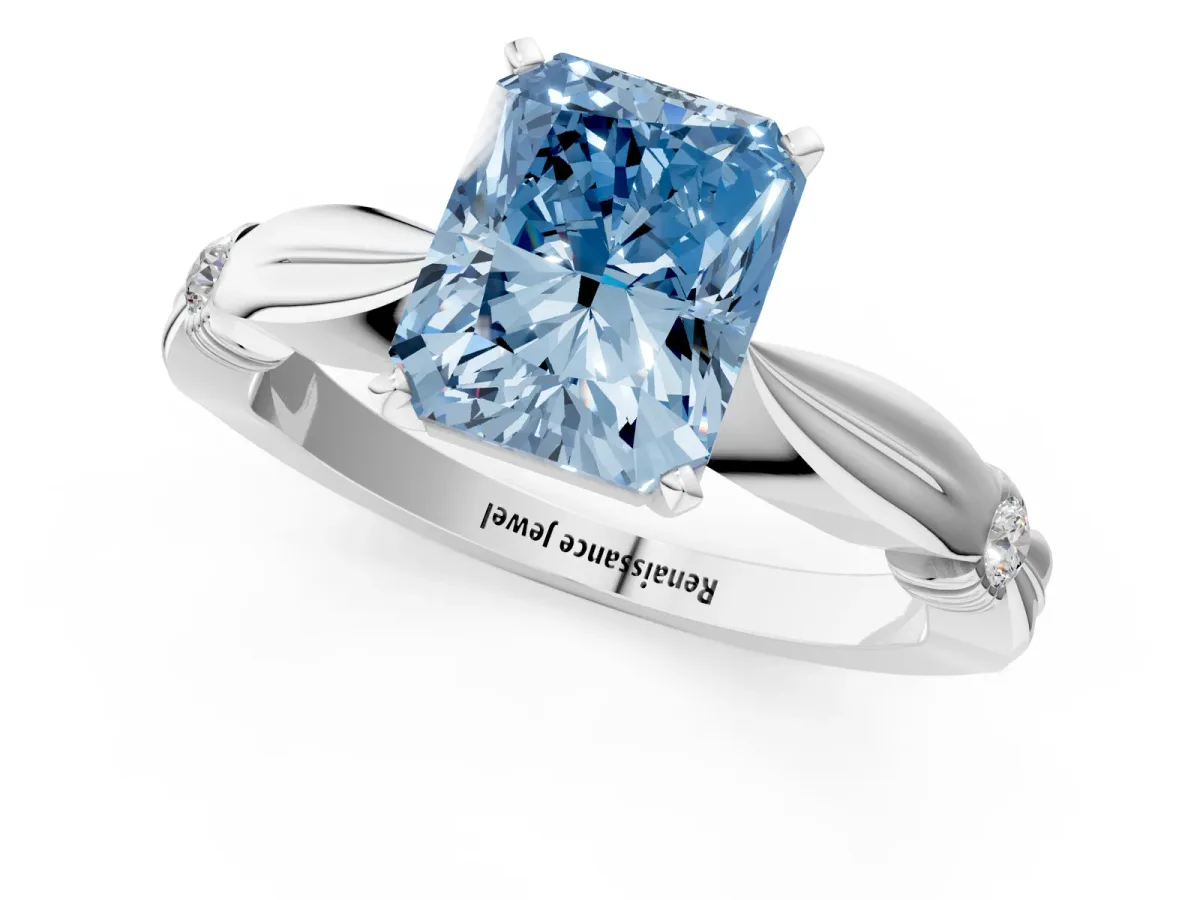 Fancy Blue Radiant Cut Solitaire Diamond Twisted Band with Four-Prong Setting Platinum