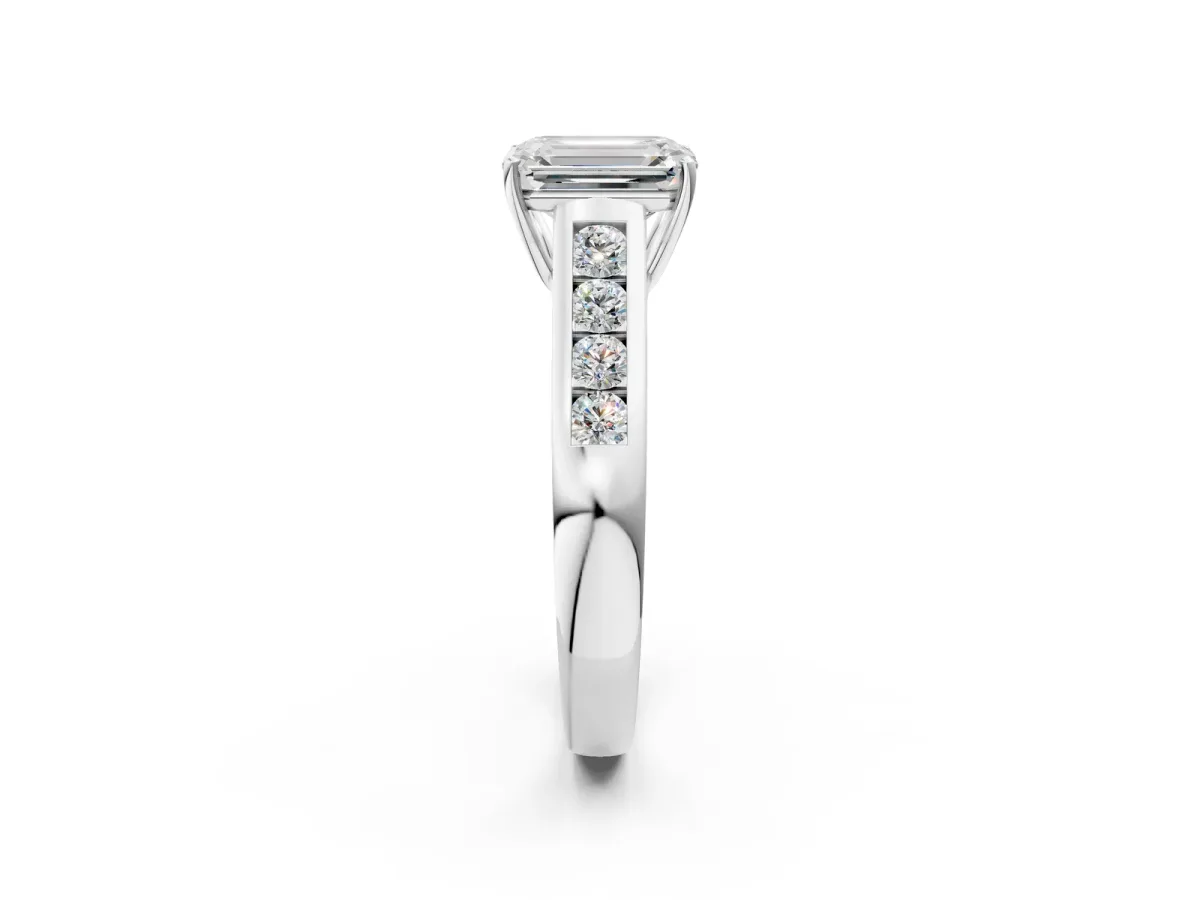 Emerald Cut Brilliant Channel-Set Solitaire Ring with Four-Prong Setting White gold