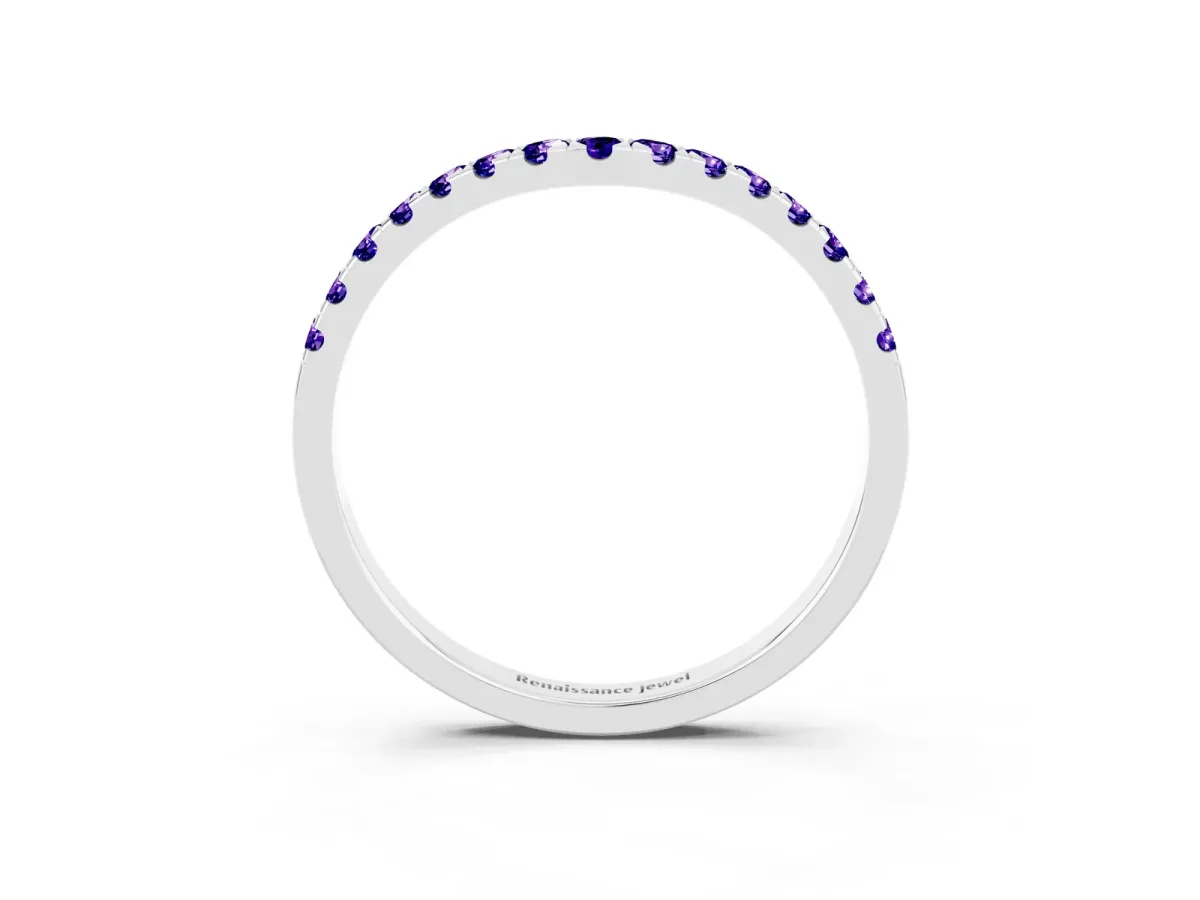 Curved Pavé Round Tanzanite Wedding Band with Shared Prong Setting White gold