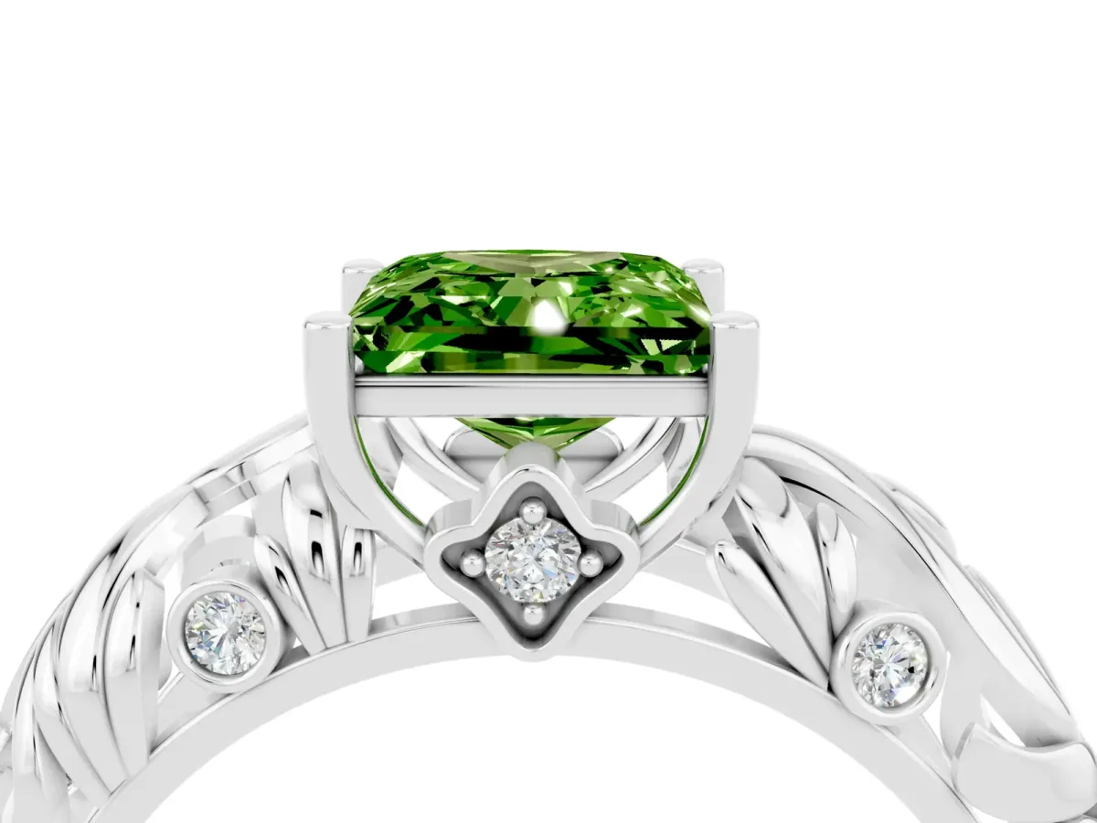 Princess Cut Solitaire Peridot Leaf-Inspired Vine Band Ring with Prong Setting White gold