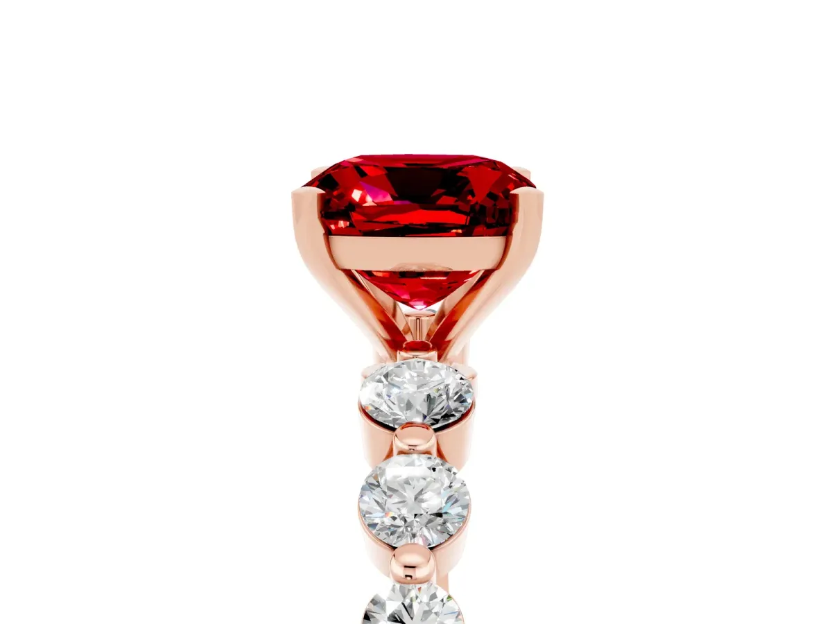 Cushion Cut Solitaire Ruby Ring with Pave Band and Four-Prong Setting Rose gold