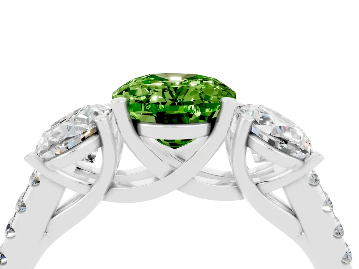 Three-Stone Oval Cut Peridot Ring with Round Pavé Band and Prong Setting Silver