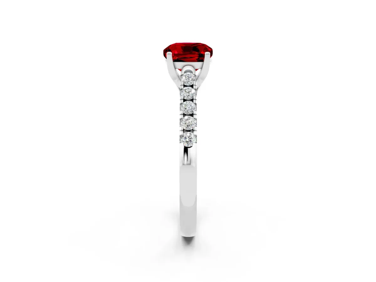 Cushion Cut Ruby Pavé Band Solitaire Ring with Prong Setting Platinum
