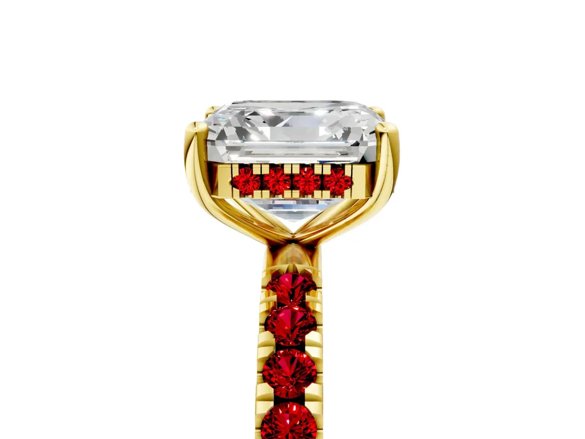 Asscher Cut Diamond Pave Band Solitaire Ring with Round Ruby and Prong Setting Yellow gold