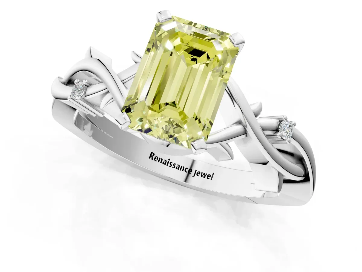 Fancy Yellow Emerald Cut Diamond Solitaire Ring with Twisted Band and Prong Setting White gold