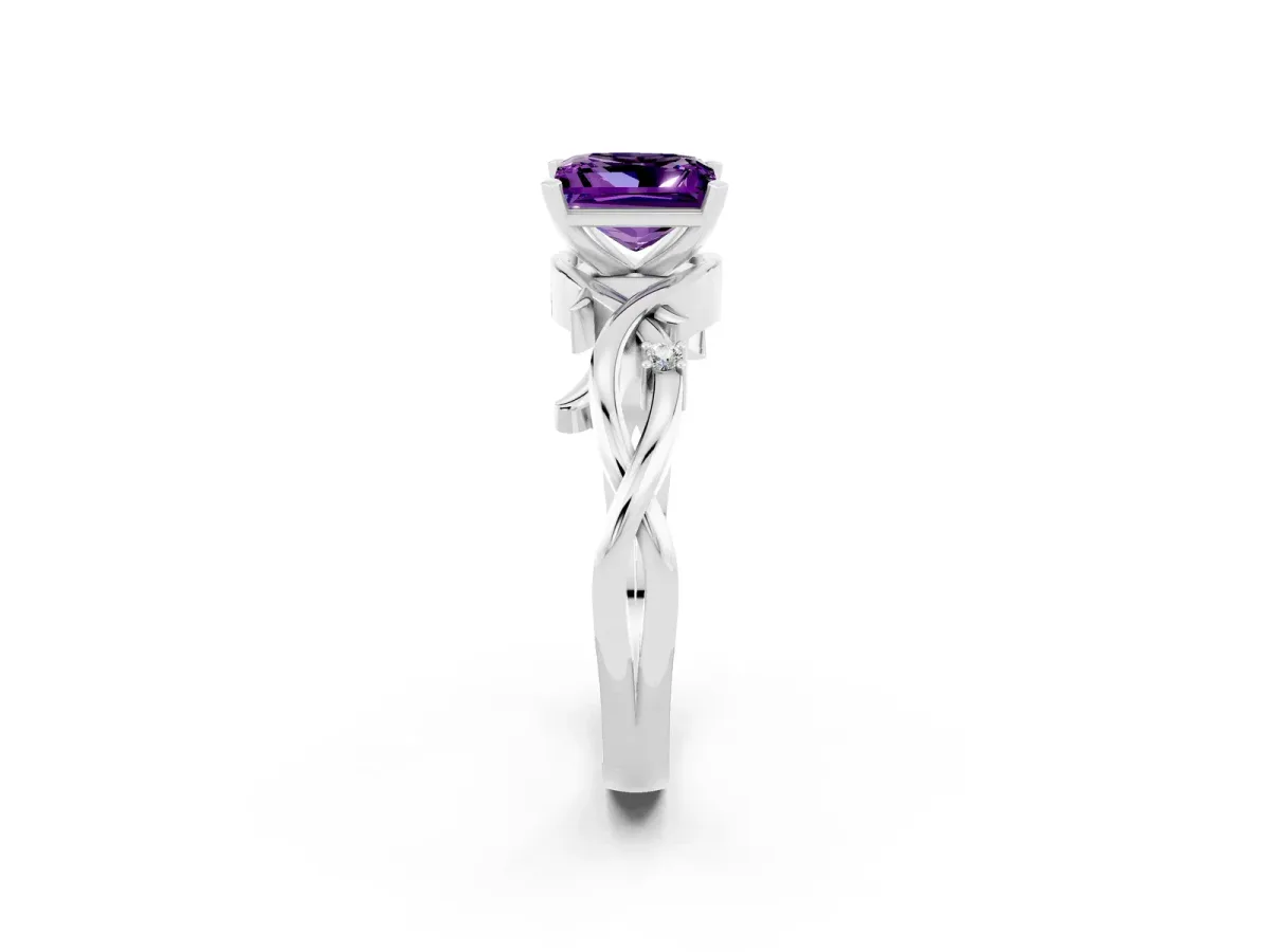 Princess Cut Amethyst Solitaire Ring with Twisted Band and Prong Setting Silver