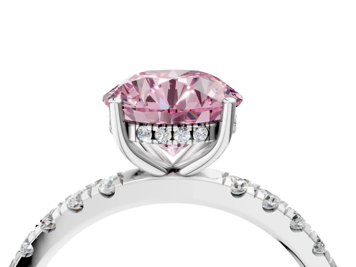 Fancy Pink Round Cut Diamond Pave Band Solitaire Ring with Round and Prong Setting Platinum