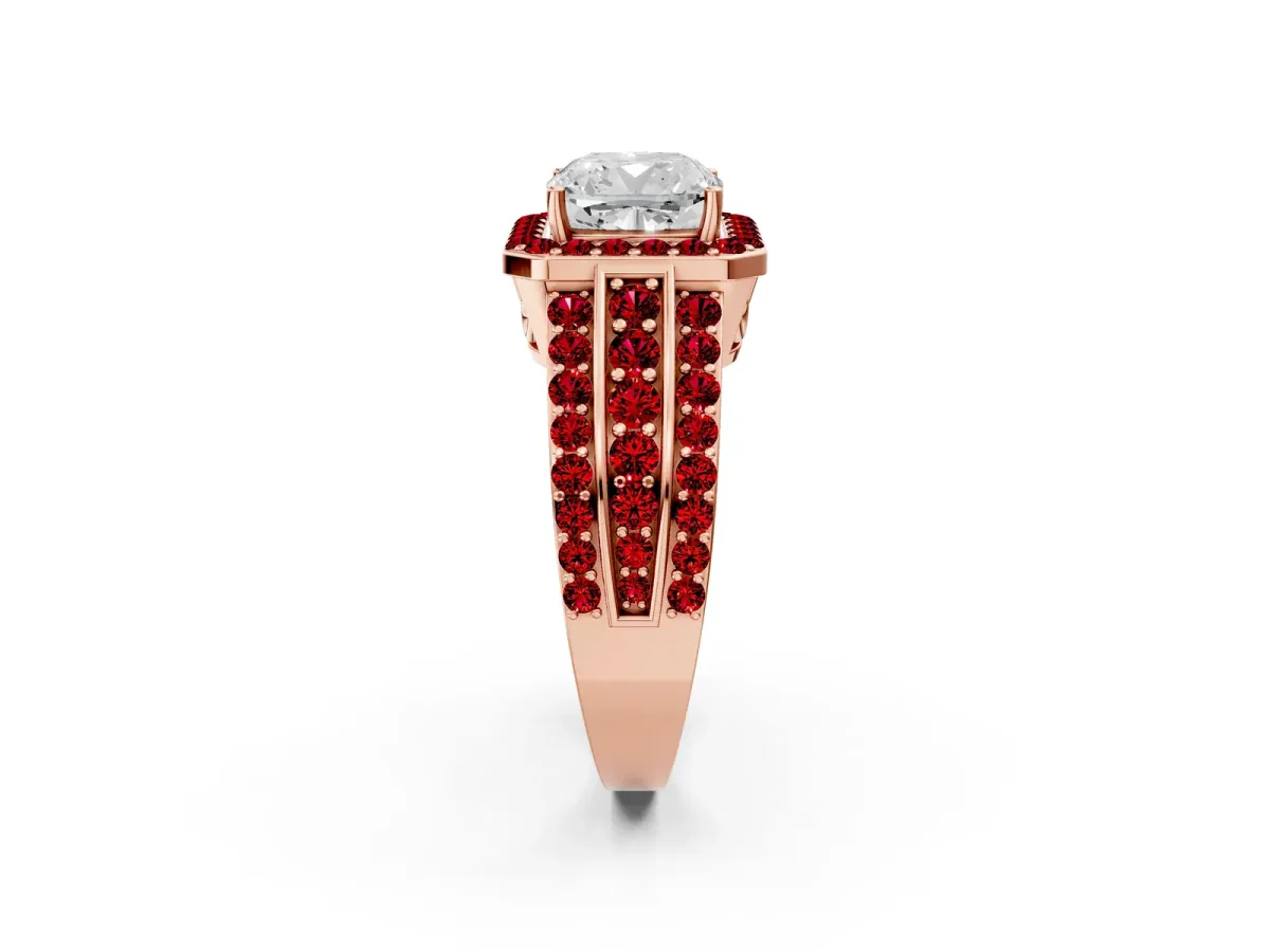 Cushion Cut Halo Diamond Ring with Round Ruby Split Shank and Prong Setting Rose gold