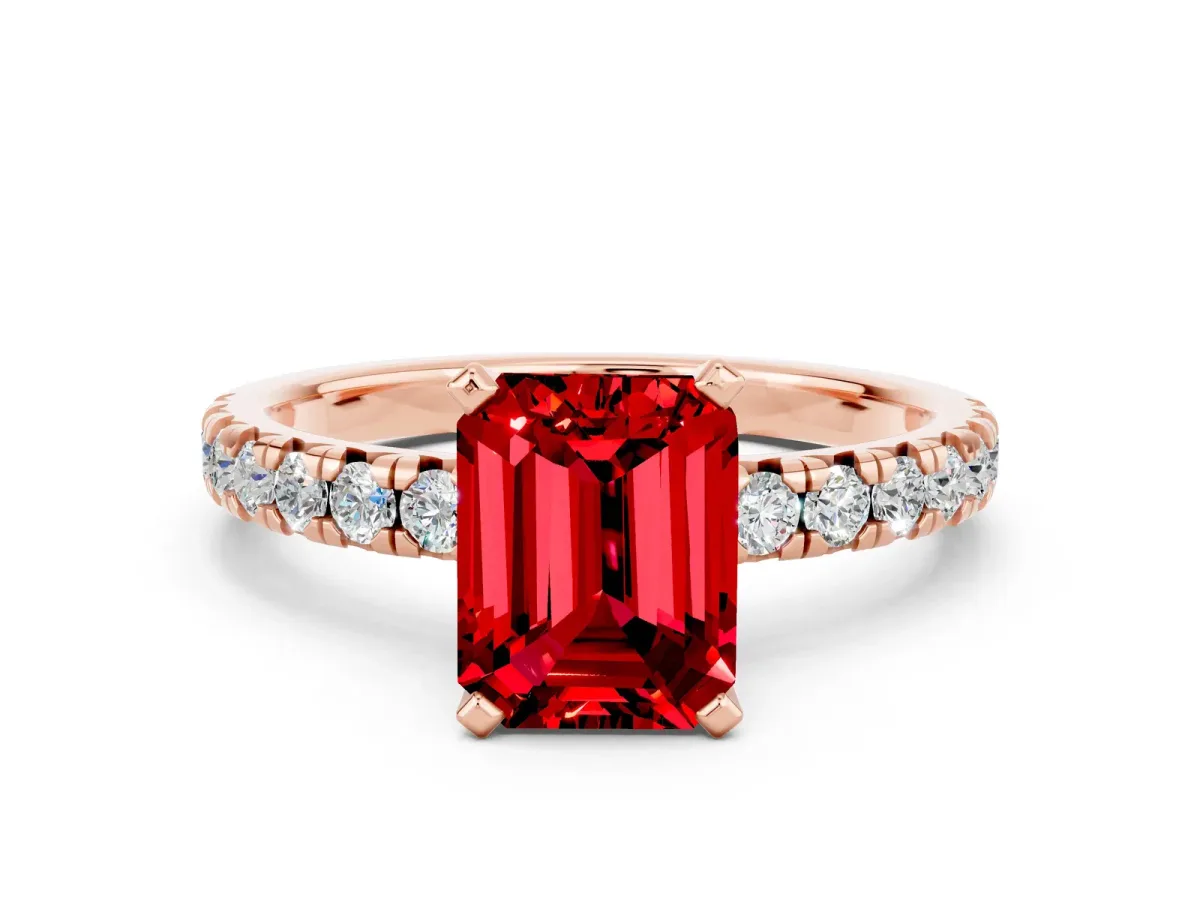 Emerald Cut Ruby Solitaire Pavé Engagement Ring with Round Band and Prong Setting Rose gold