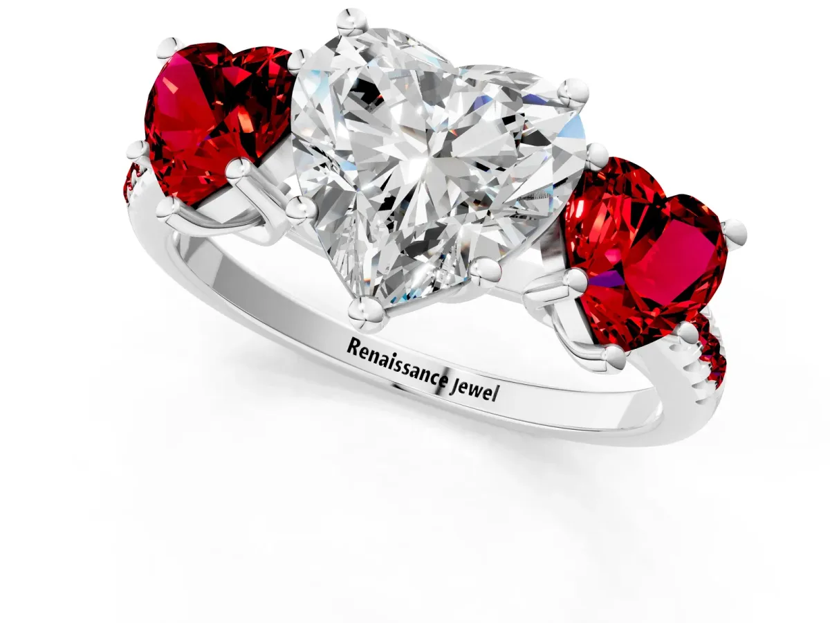 Three-Stone Heart Cut Diamond Ring with Round Ruby Pavé Band and Prong Setting Silver