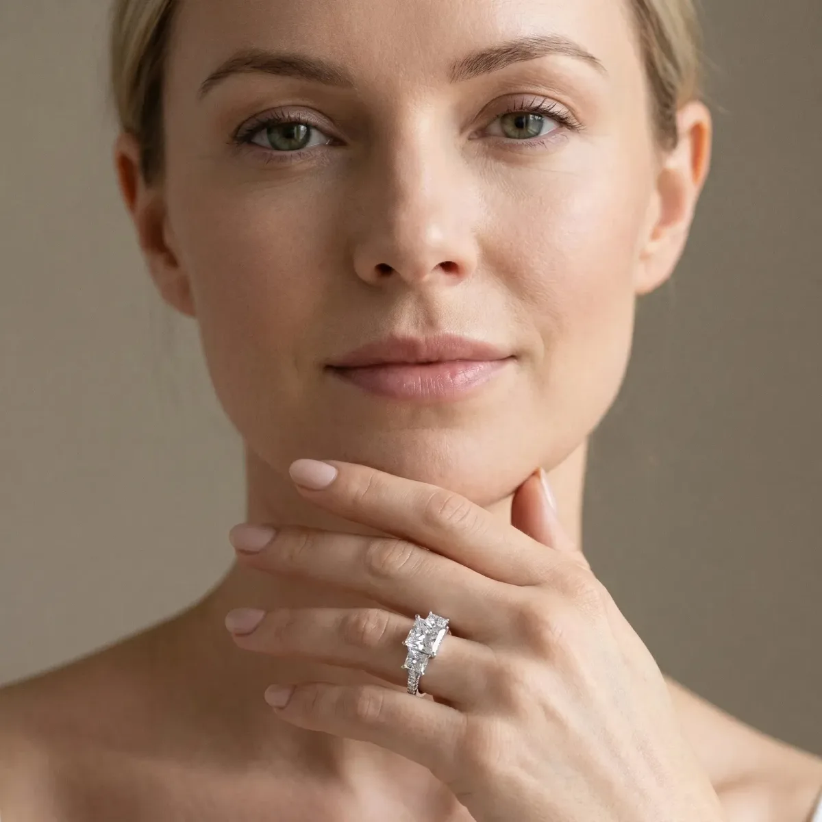 Three-Stone Princess Cut Diamond Ring with Round Pavé Band and Prong Setting Silver