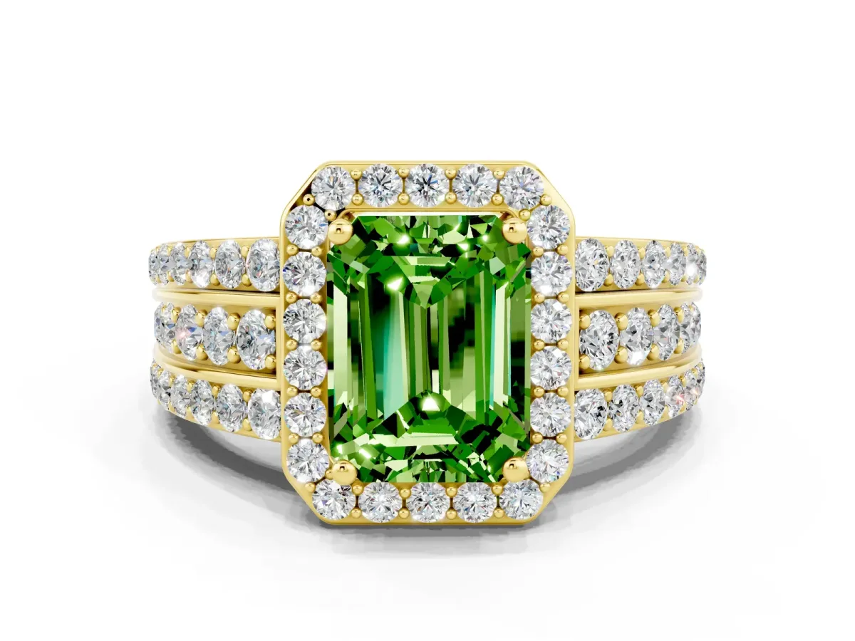 Emerald Cut Halo Peridot Ring with Round Split Shank and Prong Setting Yellow gold