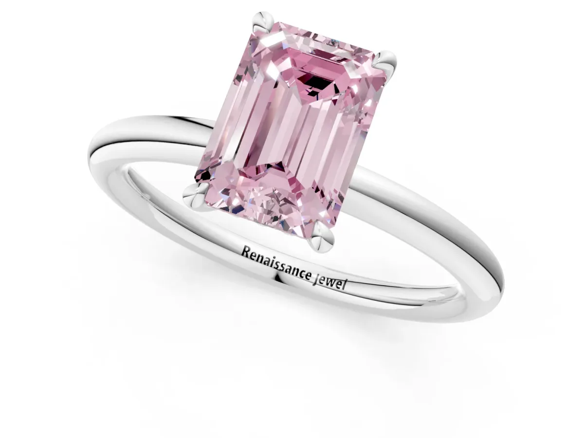 Fancy Pink Emerald Cut Diamond Solitaire Ring with Thin Band and Four-Prong Setting Platinum