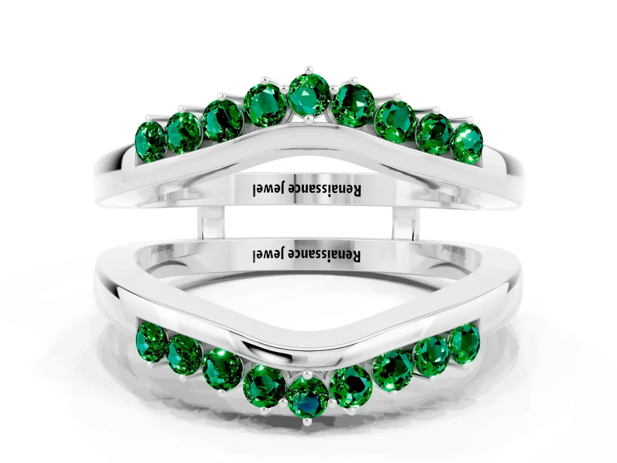 Round Emerald Chevron Contour Band with Prong Setting Silver