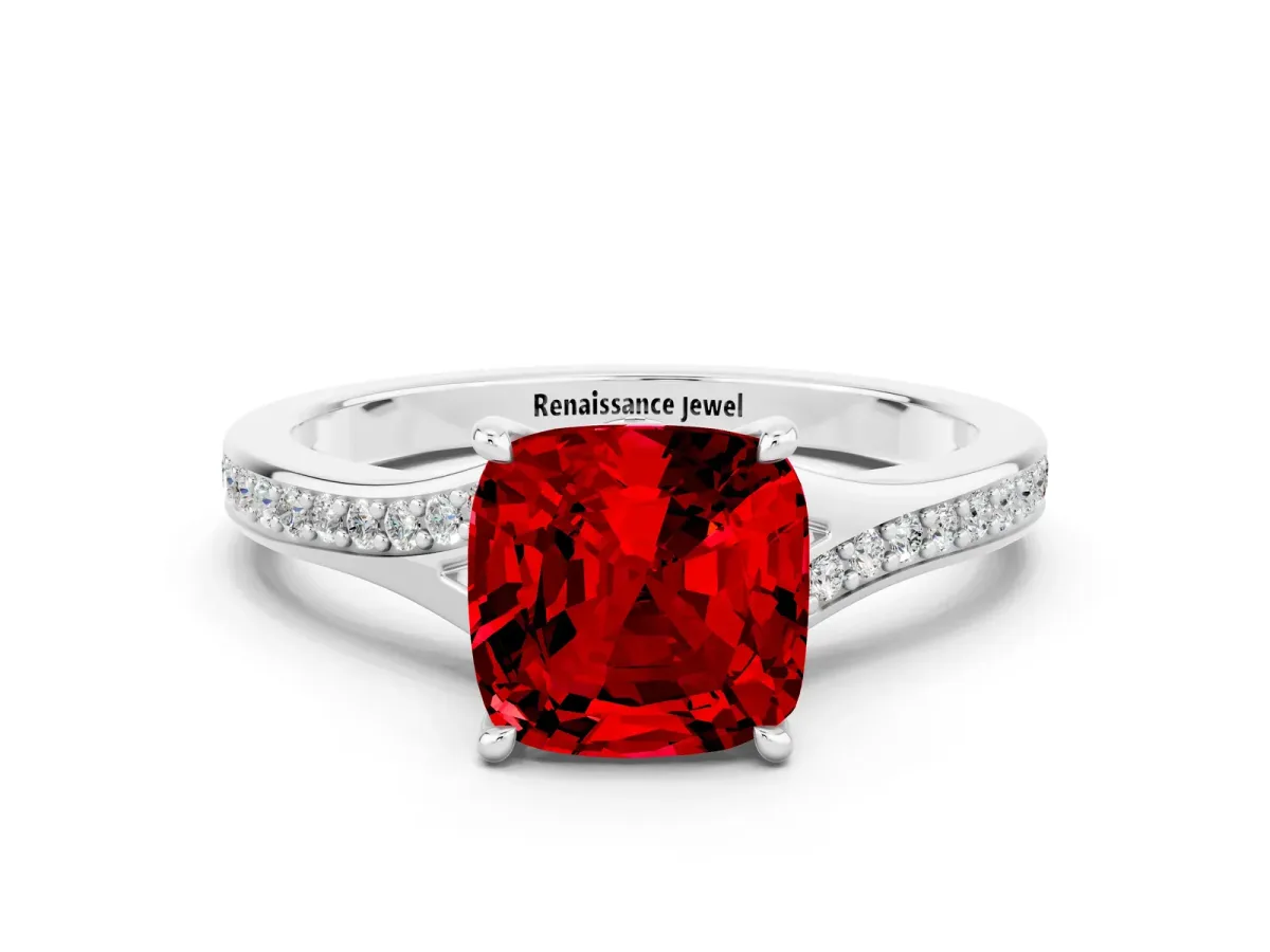 Cushion Cut Ruby Solitaire Ring with Pavé Band and Prong Setting Silver