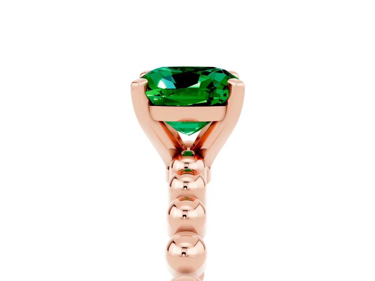 Cushion Cut Emerald Solitaire Ring with Beaded Band and Prong Setting Rose gold