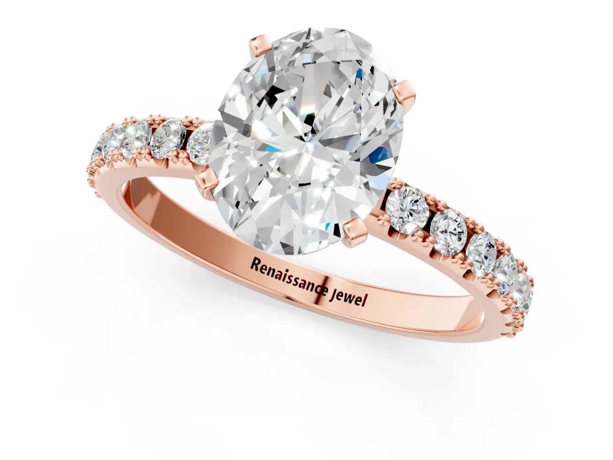 Oval Cut Diamond Solitaire Pavé Band with Four-Prong Setting Rose gold
