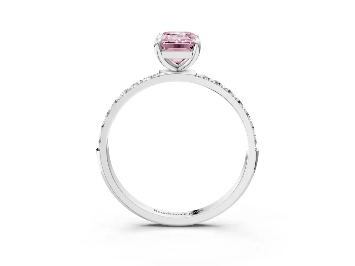 Fancy Pink Emerald Cut Diamond Solitaire Ring with Round Pavé Band and Prong Setting Platinum