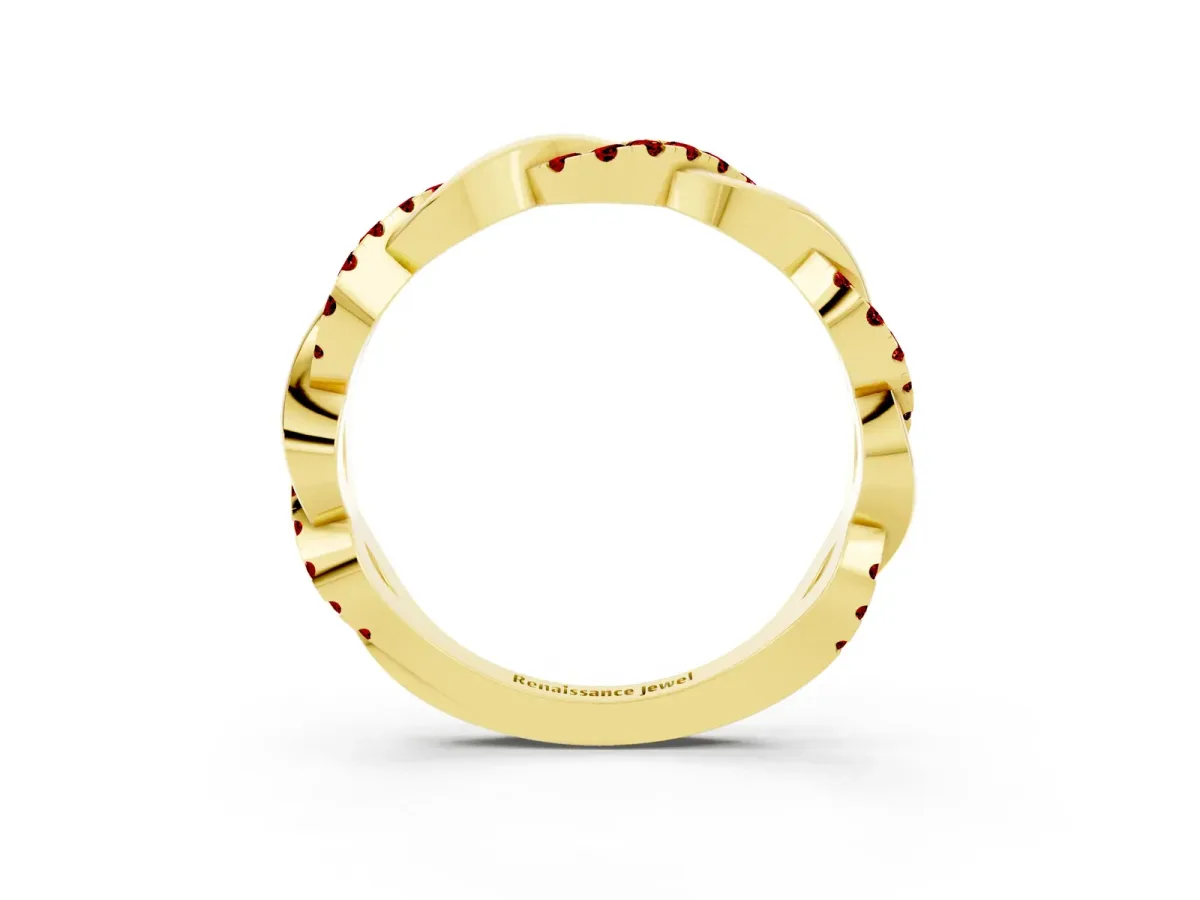 Pavé Round Ruby Twist Eternity Band with Shared Prong Setting Yellow gold