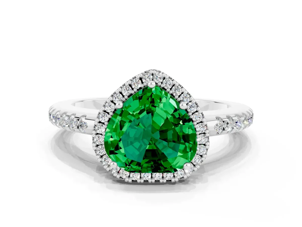 Heart Cut Emerald Pavé Halo Ring with Four-Prong Setting White gold