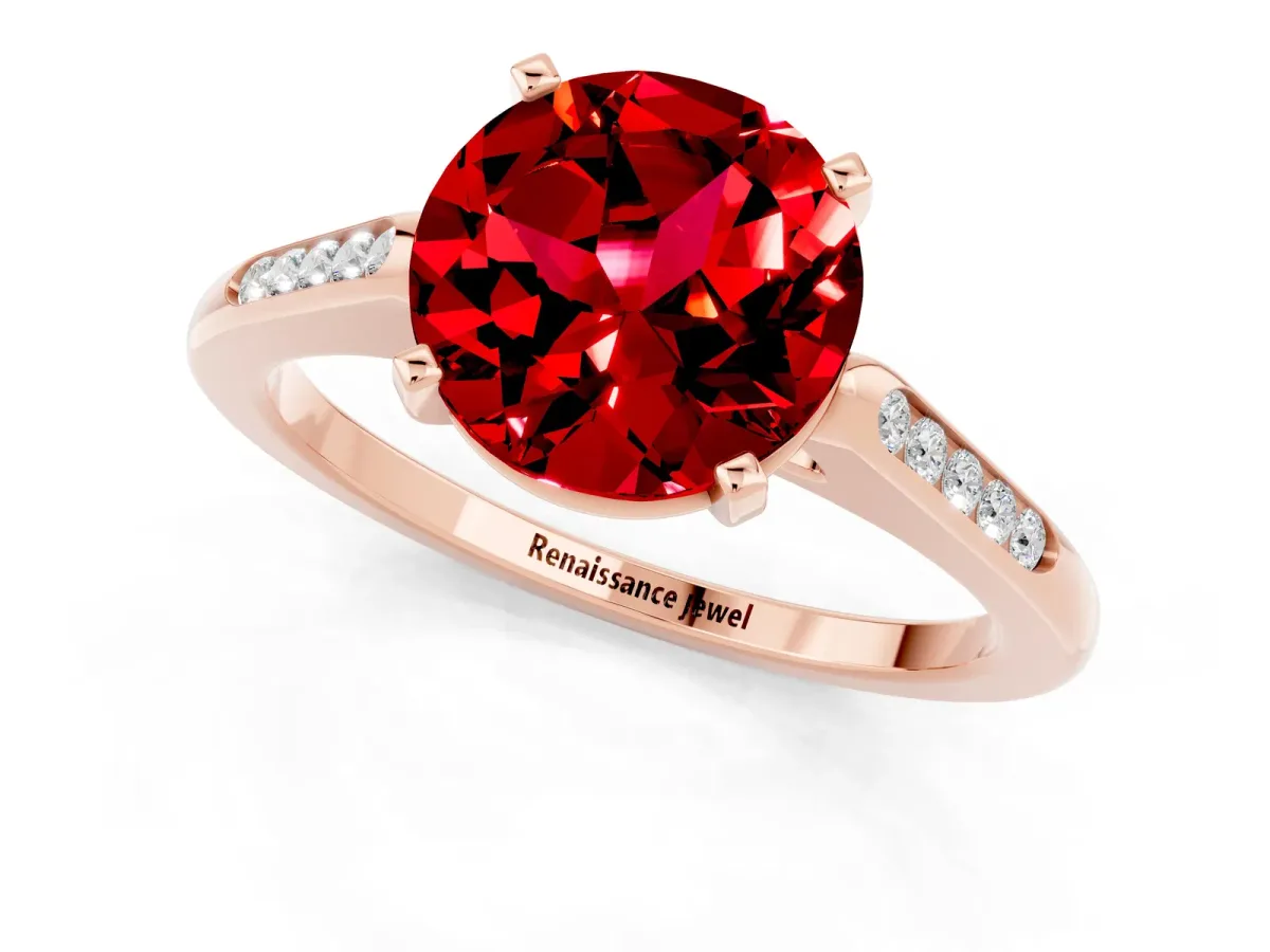 Round Cut Ruby Solitaire Ring with Channel Set Round Band and Prong Setting Rose gold
