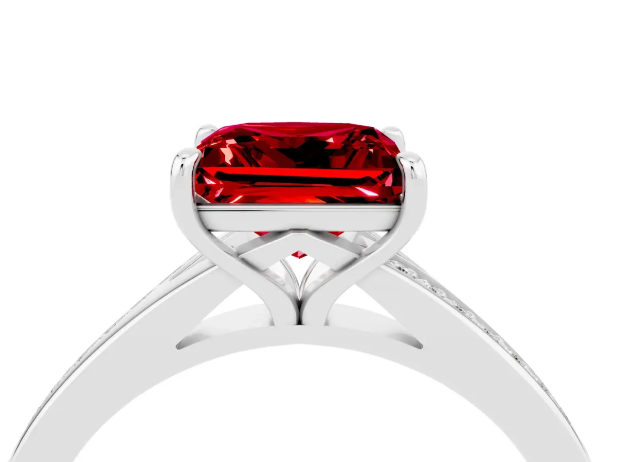 Princess Cut Ruby Solitaire Ring with Pavé Band and Prong Setting Silver