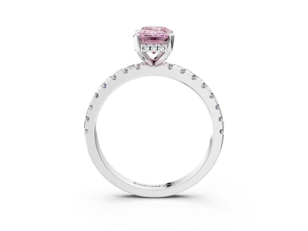 Fancy Pink Emerald Cut Diamond Solitaire Ring with Round Pavé Band and Four-Prong Setting Silver