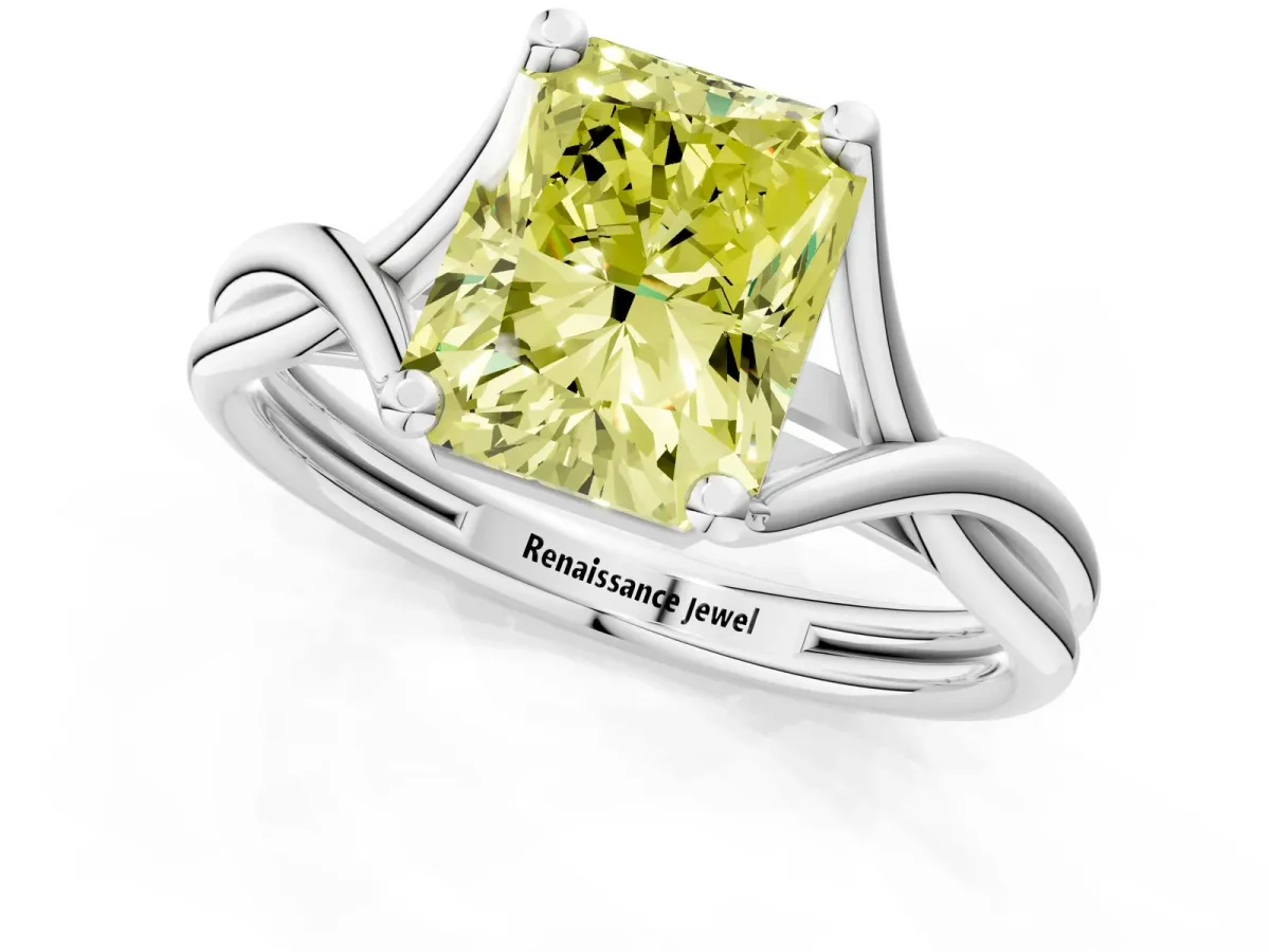 Fancy Yellow Radiant Cut Diamond Solitaire Twist Band Prong Setting Ring Platinum