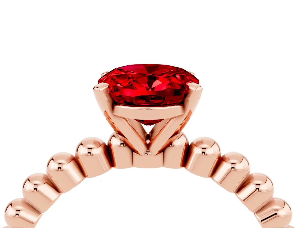 Oval Cut Ruby Solitaire Ring with Beaded Band and Prong Setting Rose gold