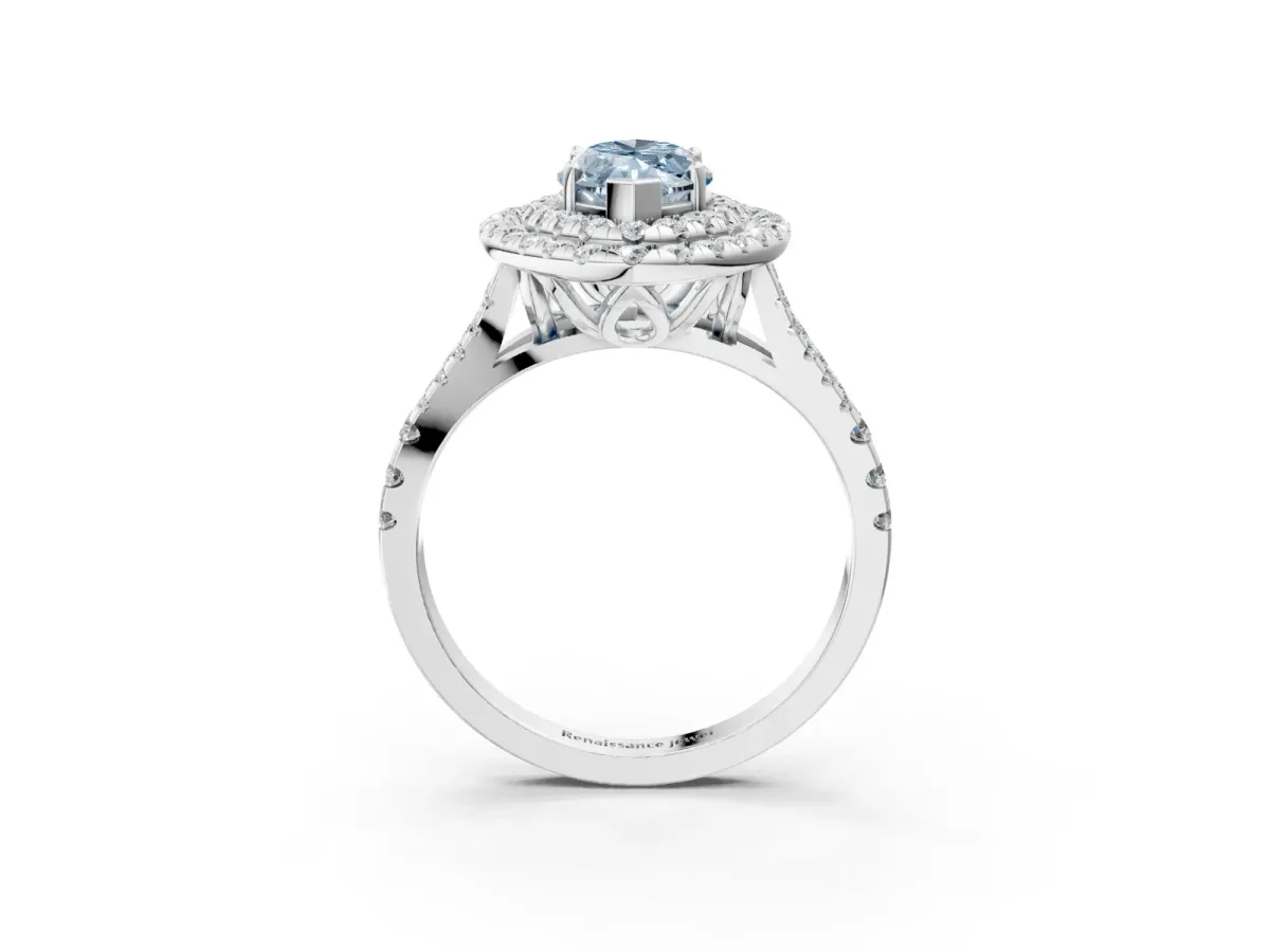 Fancy Blue Double Halo Marquise Cut Diamond Pavé Split Shank Ring with Prong Setting Silver