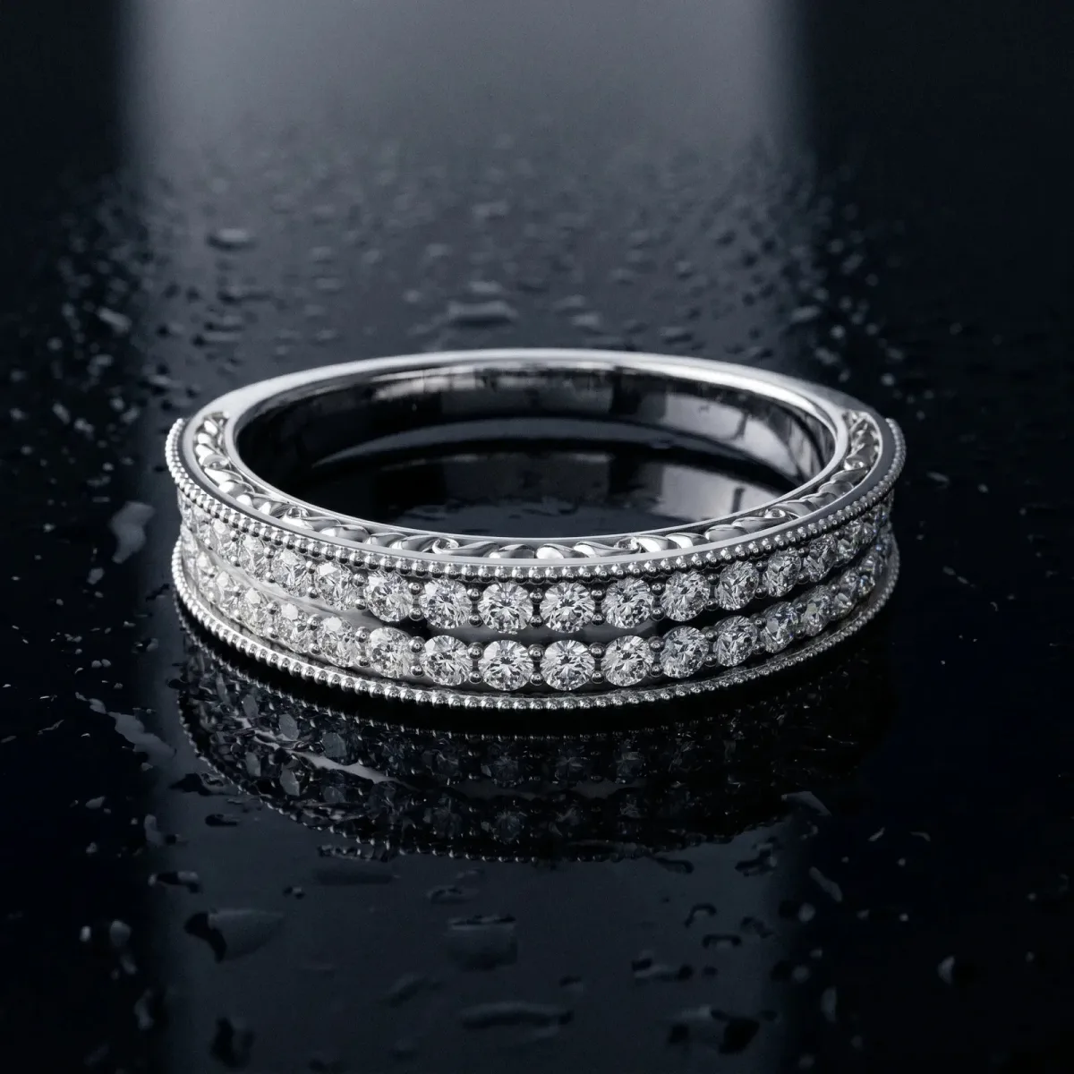 Pavé Round Diamond Eternity Band with Milgrain Edge Silver