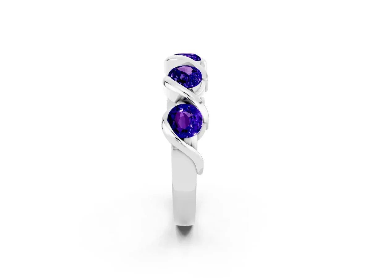 Round Tanzanite Wave Band with Channel Setting and Shared Prongs Silver
