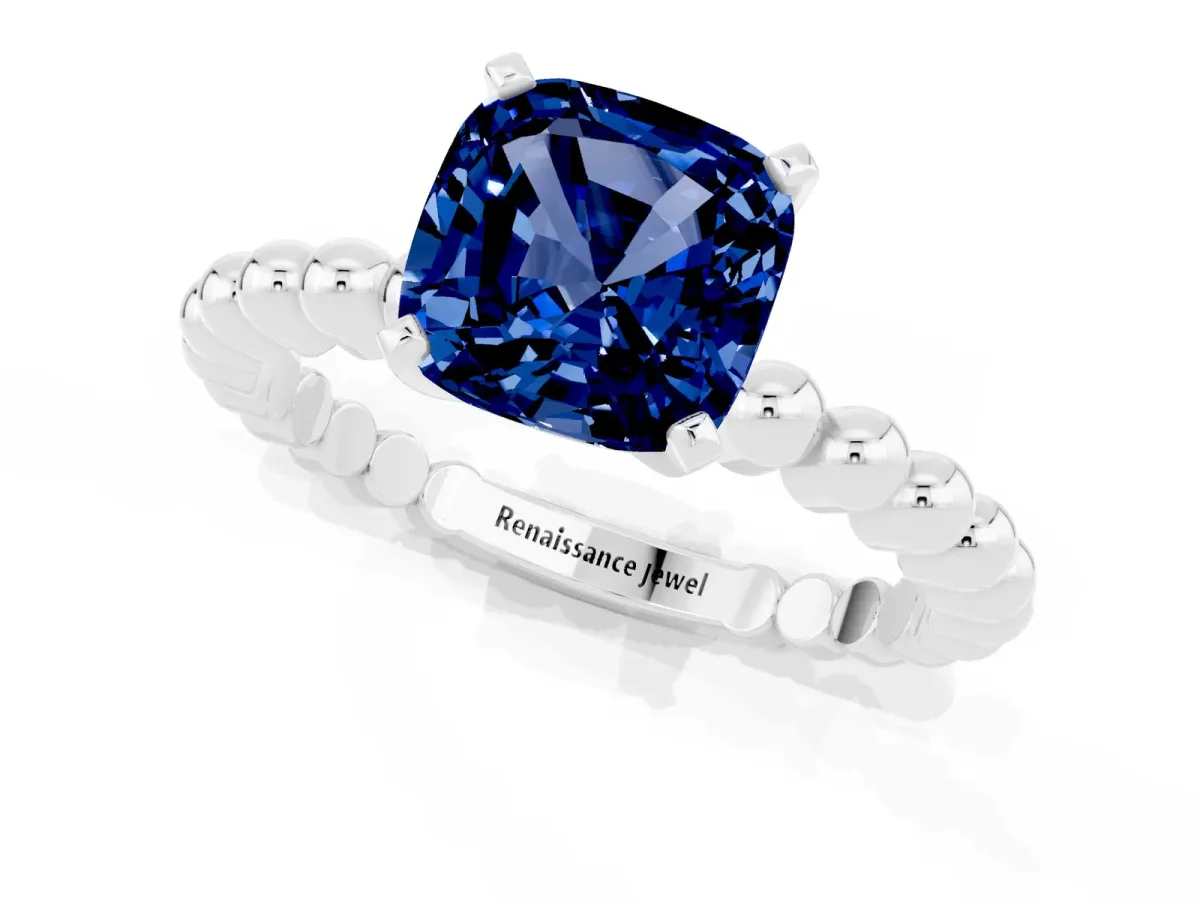 Cushion Cut Blue Sapphire Solitaire Ring with Beaded Band and Prong Setting Silver