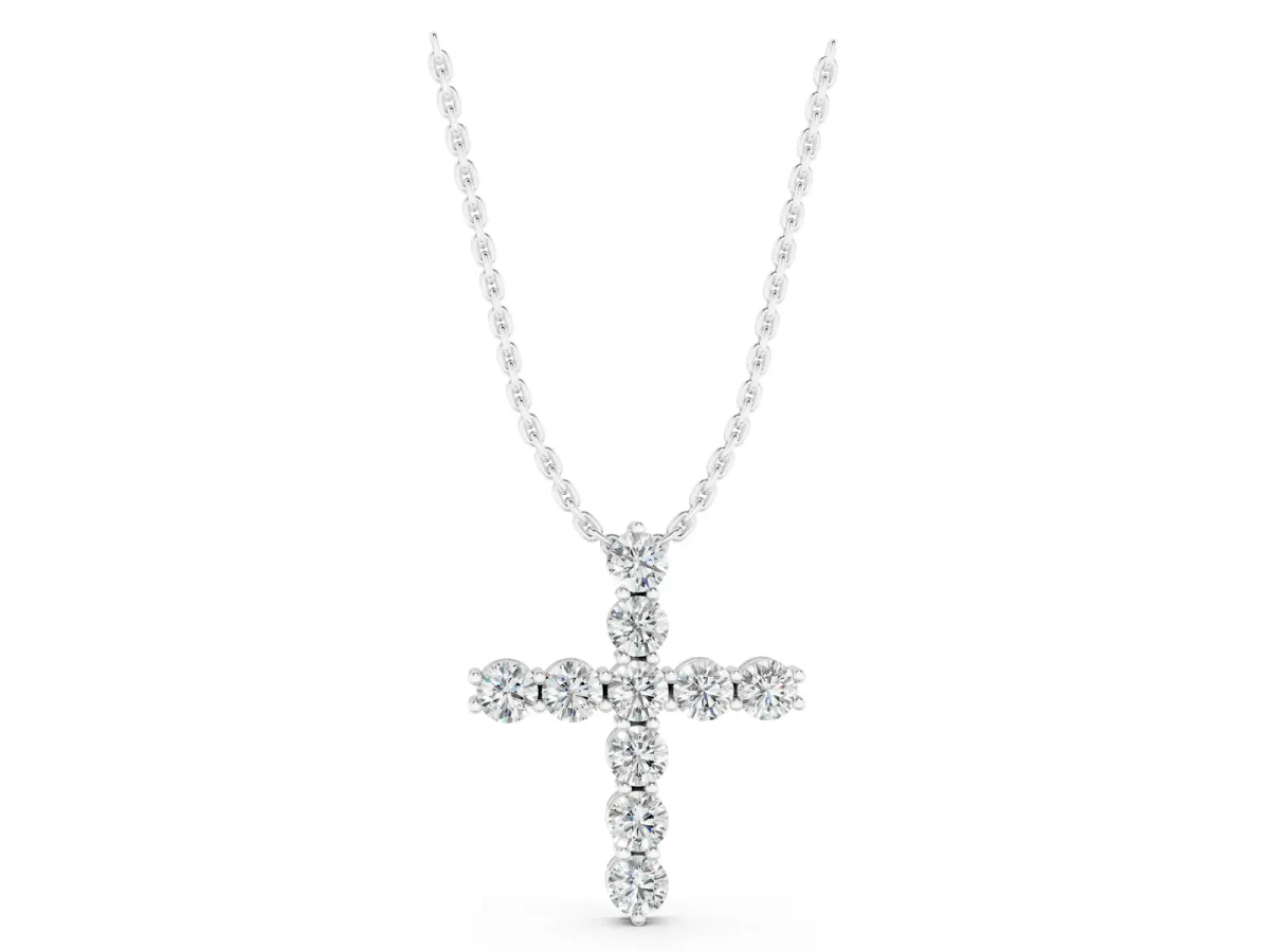 Round Diamond Prong-Set Cross Pendant Silver