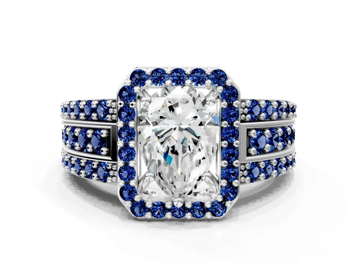 Pear Cut Halo Diamond Ring with Round Blue Sapphire Split Shank and Prong Setting Platinum
