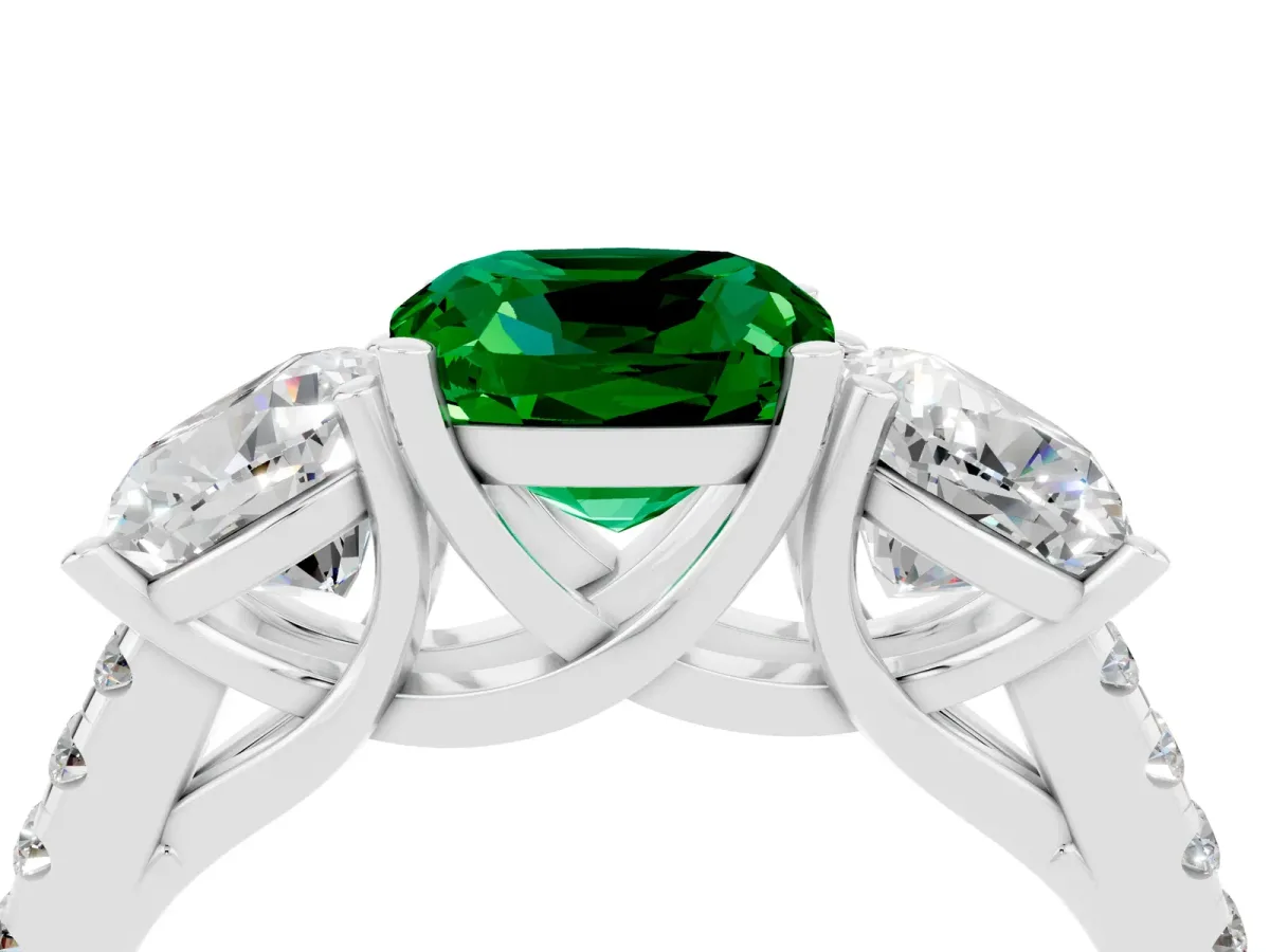 Three-Stone Cushion Cut Emerald Ring with Round Pavé Band and Prong Setting Silver