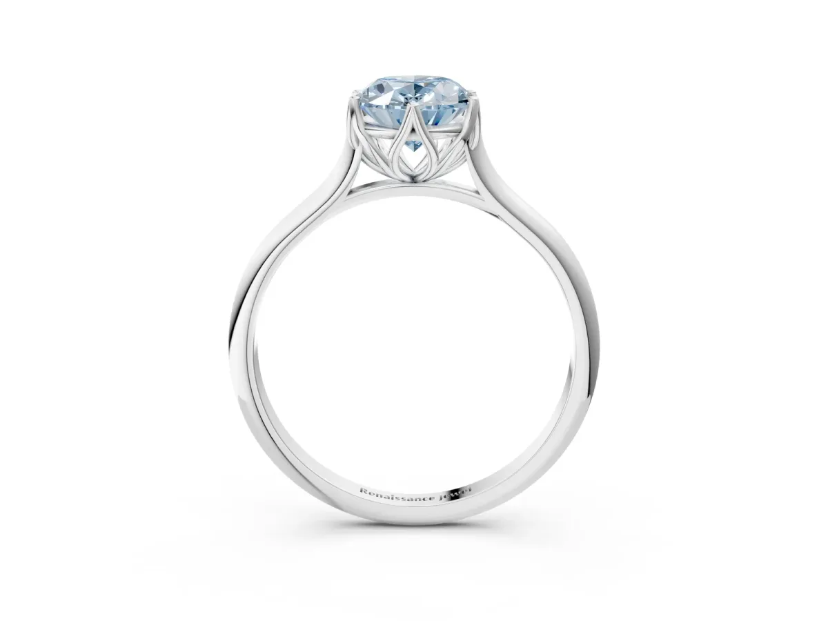 Fancy Blue Oval Cut Solitaire Cathedral Diamond Ring with Six-Prong Setting Silver