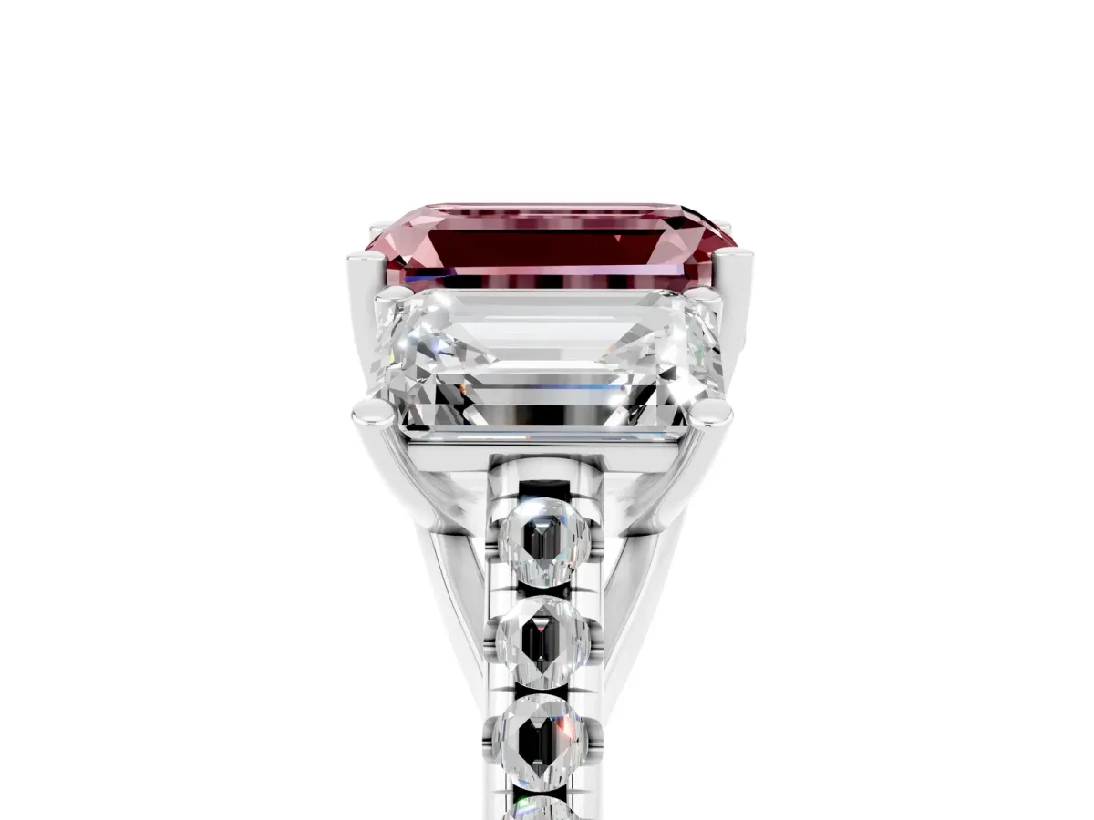 Three-Stone Emerald Cut Morganite Ring with Round Pavé Band and Prong Setting Silver