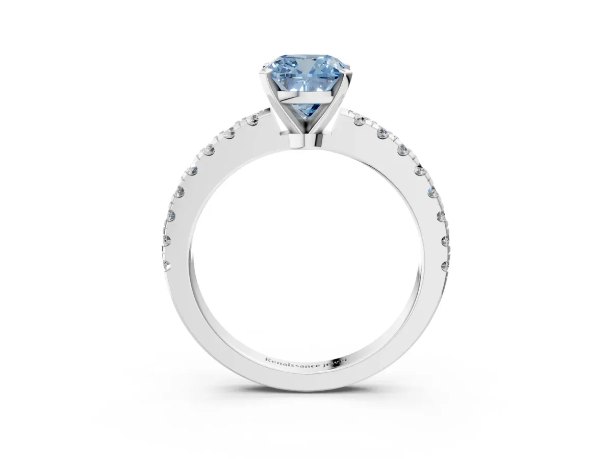 Fancy Blue Cushion Cut Solitaire Diamond with Pavé Band and Four-Prong Setting Silver
