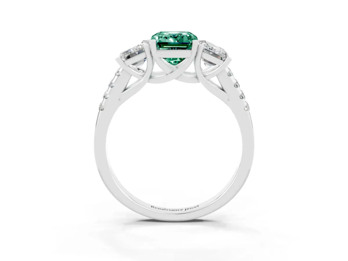 Three-Stone Emerald Cut Green Sapphire Ring with Round Pavé Band and Prong Setting Silver