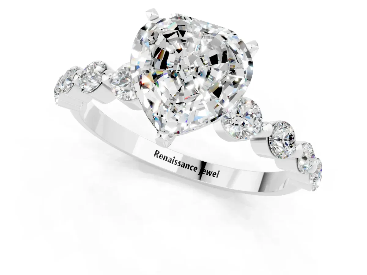 Heart Cut Solitaire Moissanite Ring with Pave Band and Four-Prong Setting Silver